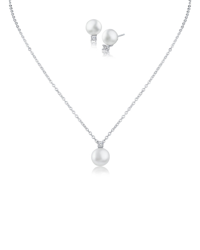 Cubic Zirconia and White Bead Pendant and Earring Set in Rhodium-Plated Brass, photo 1