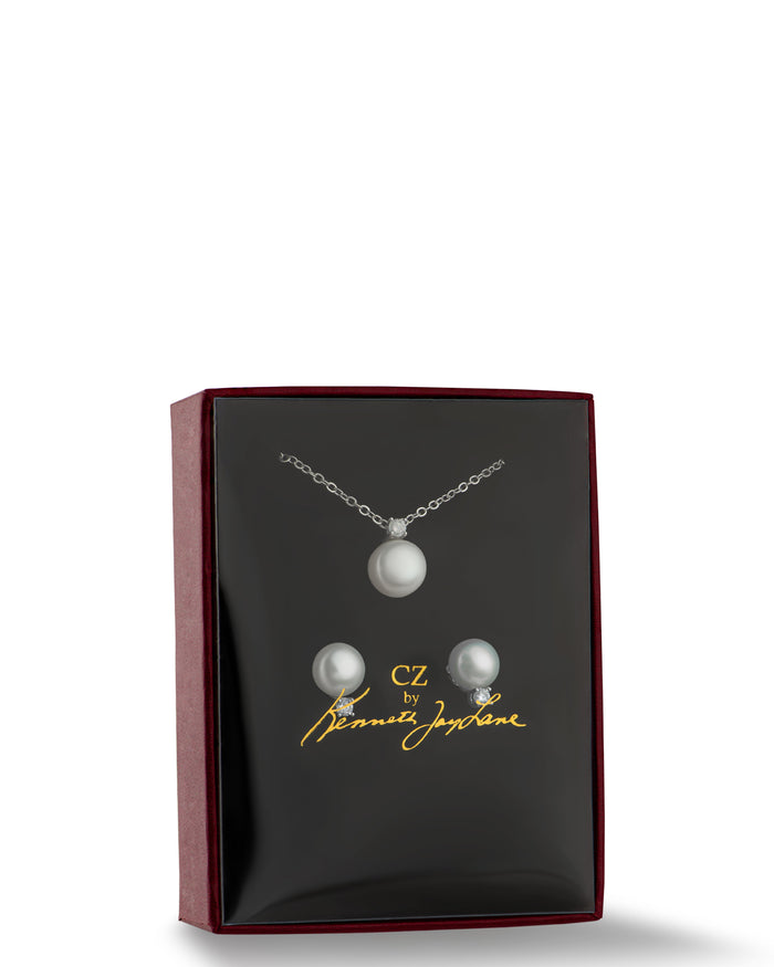 Cubic Zirconia and White Bead Pendant and Earring Set in Rhodium-Plated Brass, photo 3
