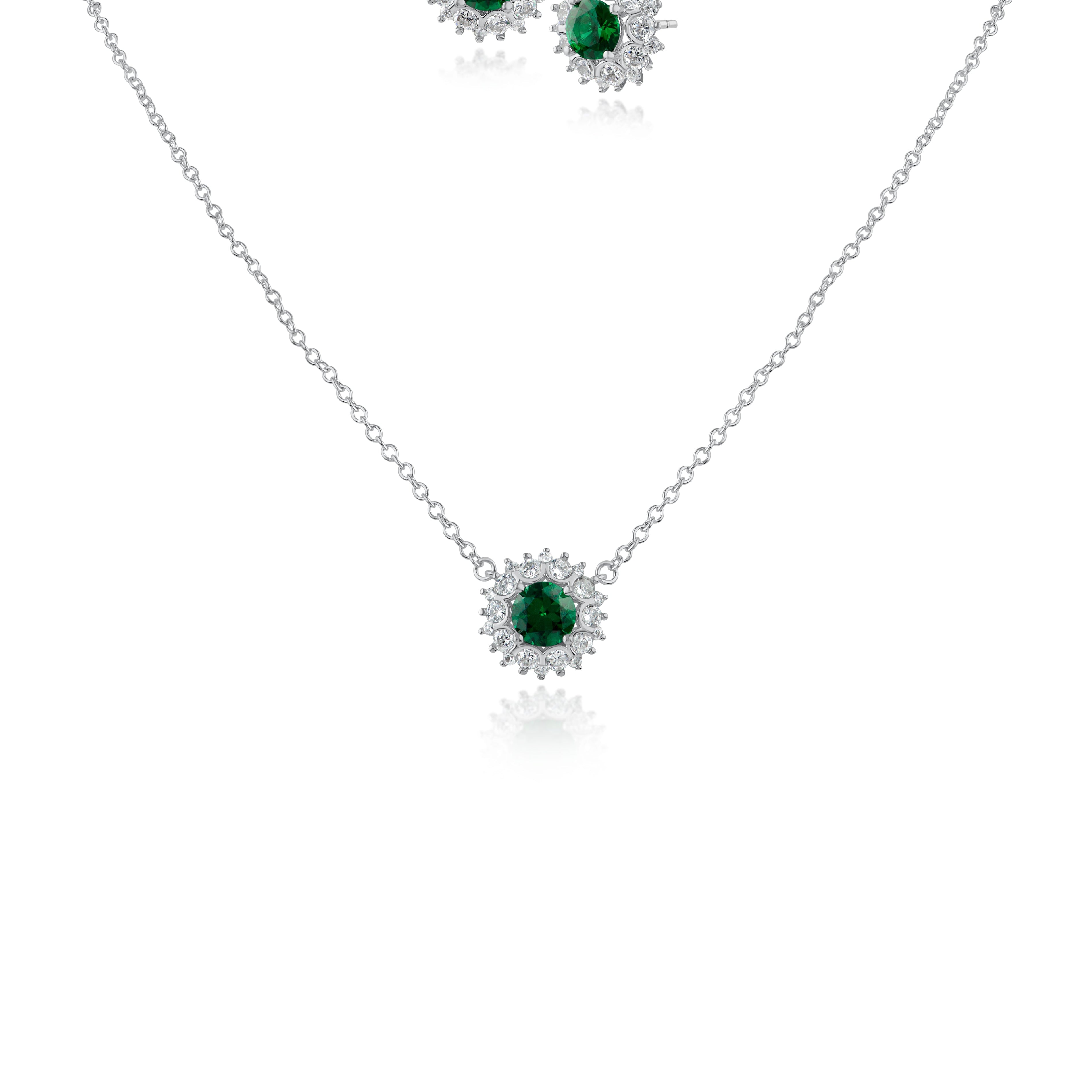 Green Cubic Zirconia Halo Stud Earring and Pendant Set in Rhodium-Plated Brass, photo 1