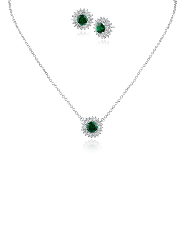 Green Cubic Zirconia Halo Stud Earring and Pendant Set in Rhodium-Plated Brass, photo 1