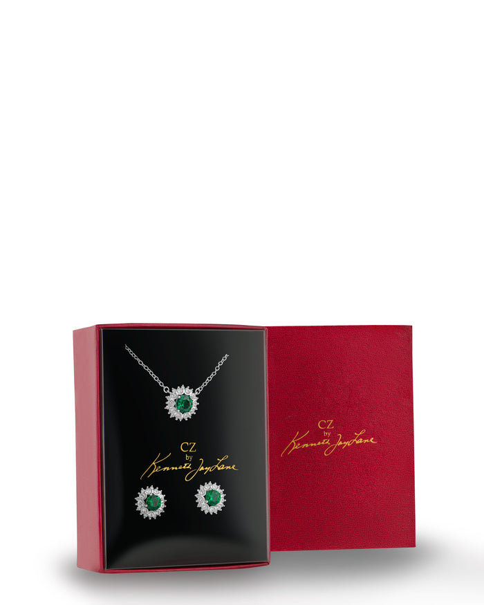 Green Cubic Zirconia Halo Stud Earring and Pendant Set in Rhodium-Plated Brass, photo 3