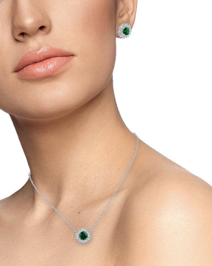 Green Cubic Zirconia Halo Stud Earring and Pendant Set in Rhodium-Plated Brass, photo 2