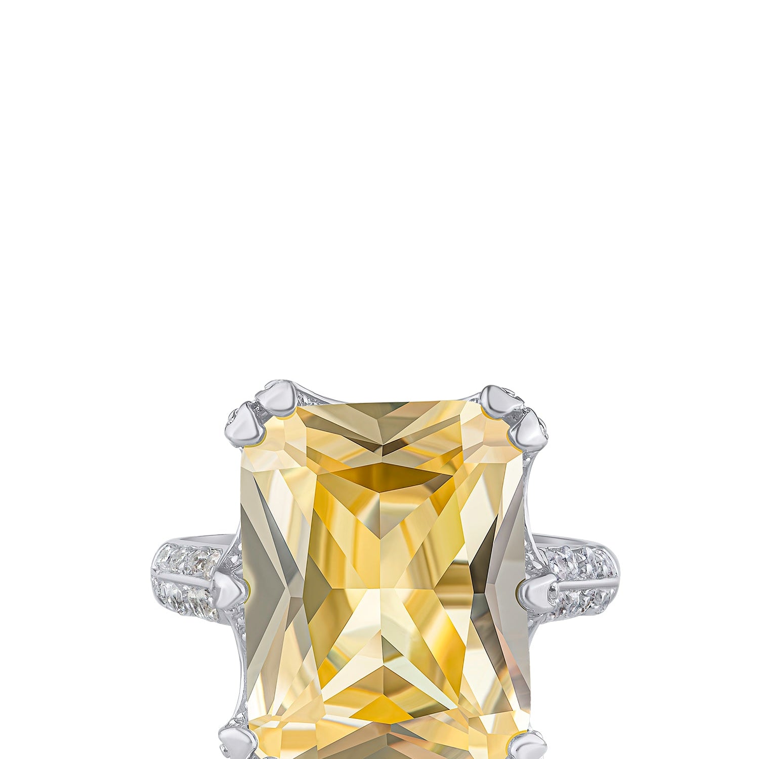 Anillo statement con zirconia cúbica amarillo canario talla esmeralda y pavé en latón bañado en rodio, foto 1