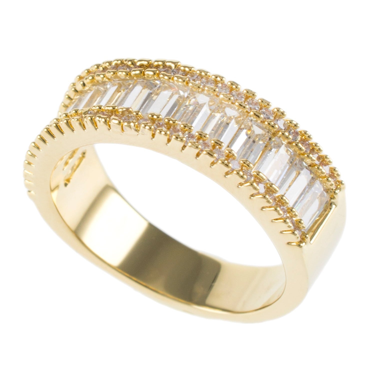 Anillo de eternidad con zirconias cúbicas baguette y pavé en latón bañado en oro, foto 1