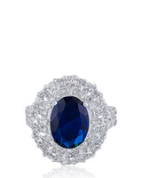 Oval Blue and Pear Cubic Zirconia Ring in Rhodium-Plated Brass