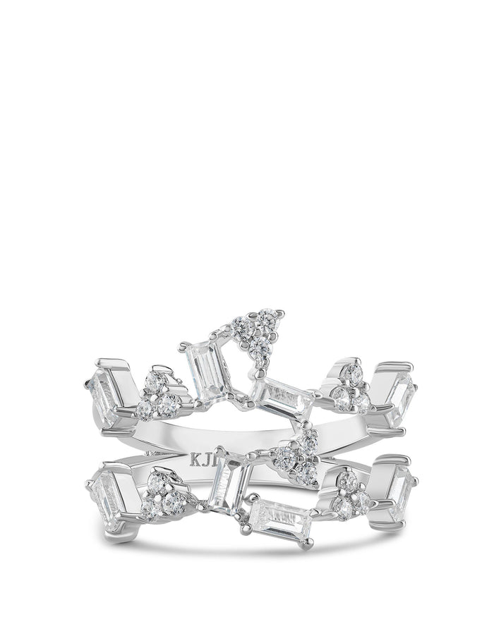 Mixed Cubic Zirconia Double Cluster Ring in Rhodium-Plated Brass, photo 1