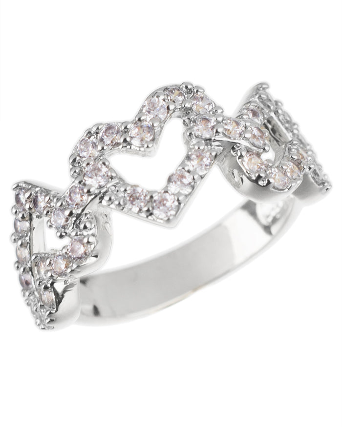 Pavé Cubic Zirconia Interlocking Hearts Band in Rhodium-Plated Brass, photo 1