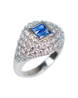 Pavé and Blue Baguette Cubic Zirconia Signet Pinky Ring in Rhodium-Plated Brass