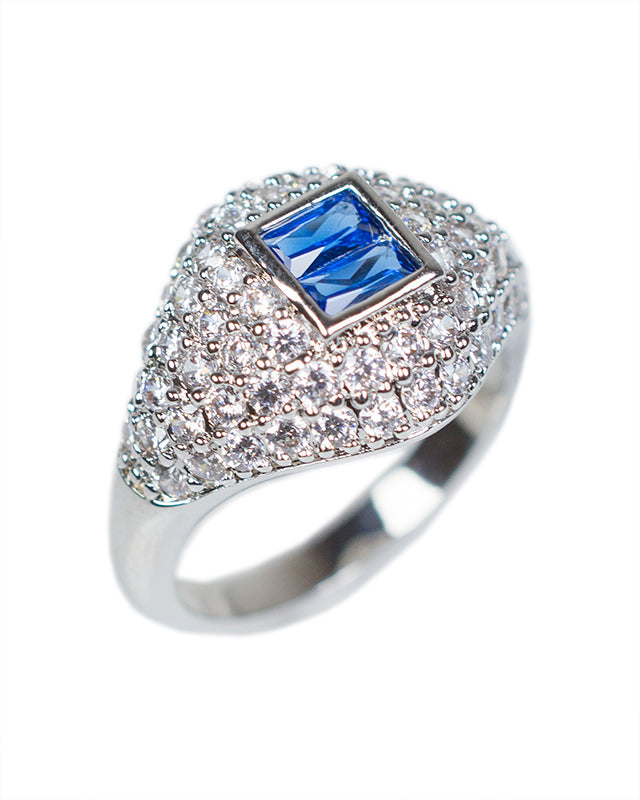 Pavé and Blue Baguette Cubic Zirconia Signet Pinky Ring in Rhodium-Plated Brass, photo 1