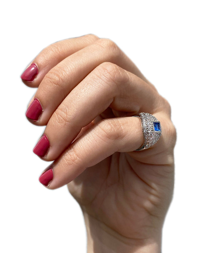 Pavé and Blue Baguette Cubic Zirconia Signet Pinky Ring in Rhodium-Plated Brass, photo 2