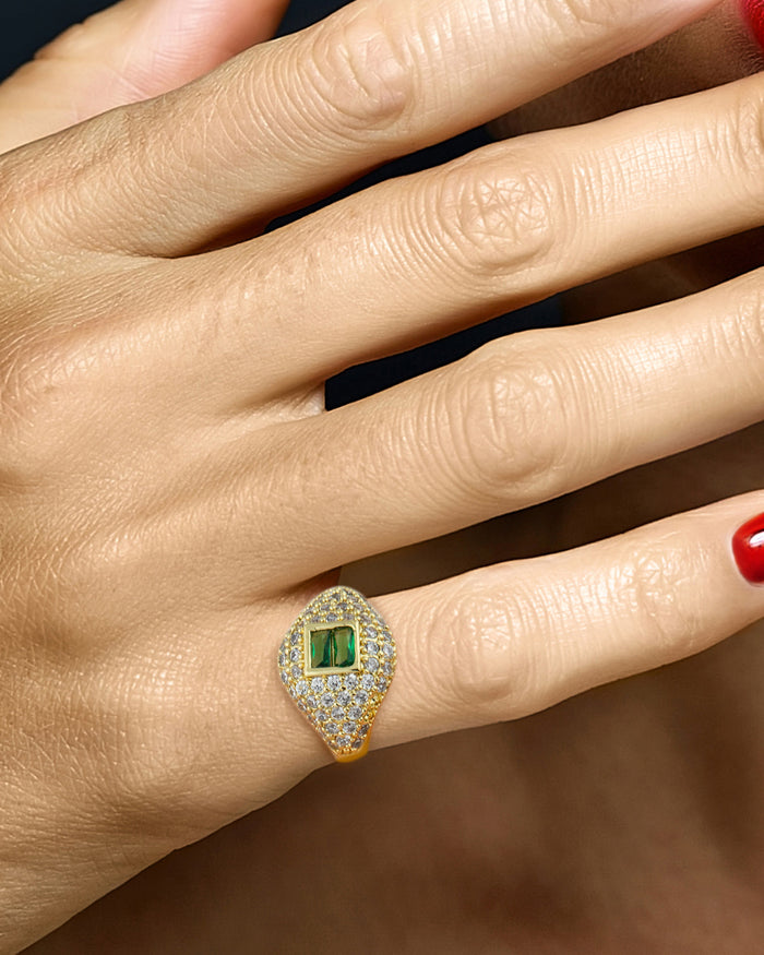 Pavé Cubic Zirconia Signet Pinky Ring with Green Baguette in Gold-Plated Brass, photo 2