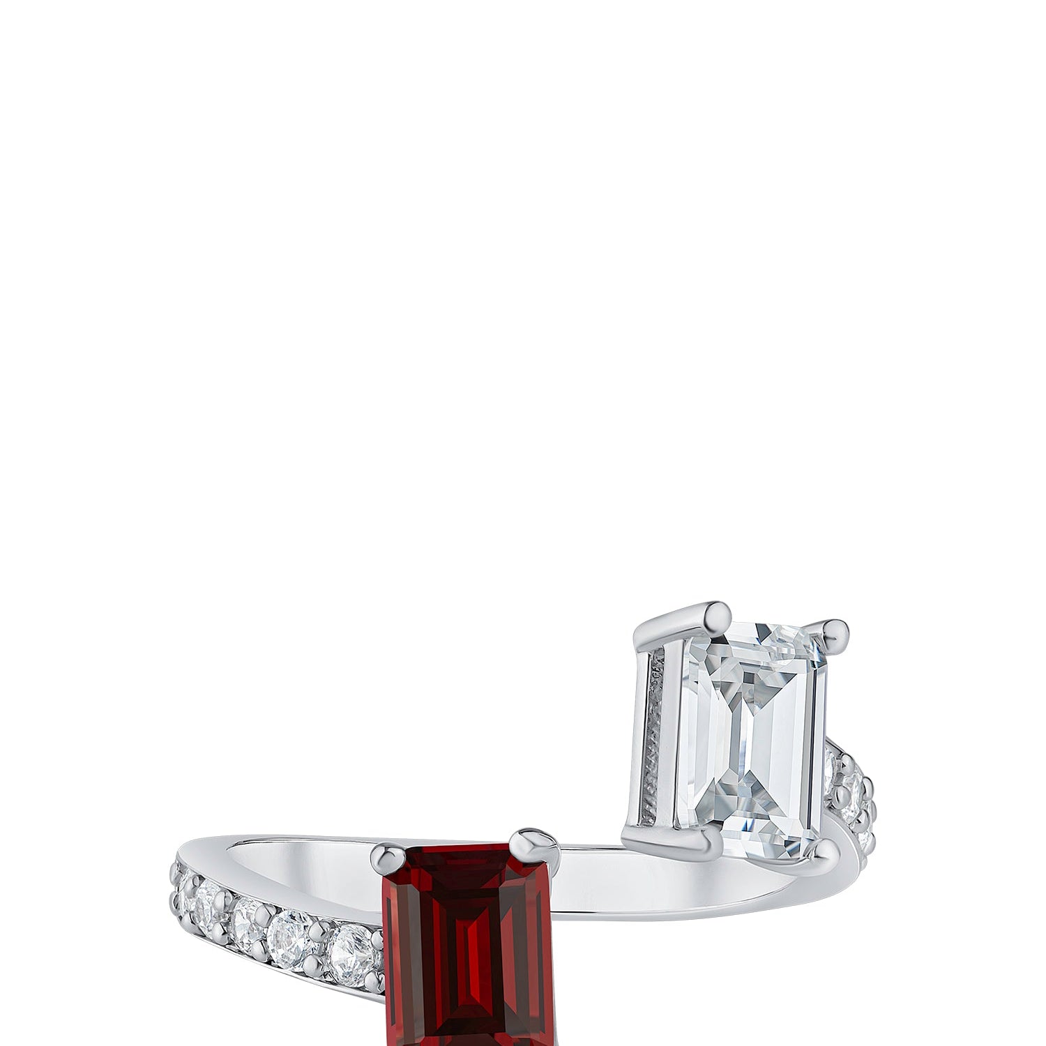 Double Emerald-Cut and Pavé Cubic Zirconia Wrap Ring in Rhodium-Plated Brass, photo 1