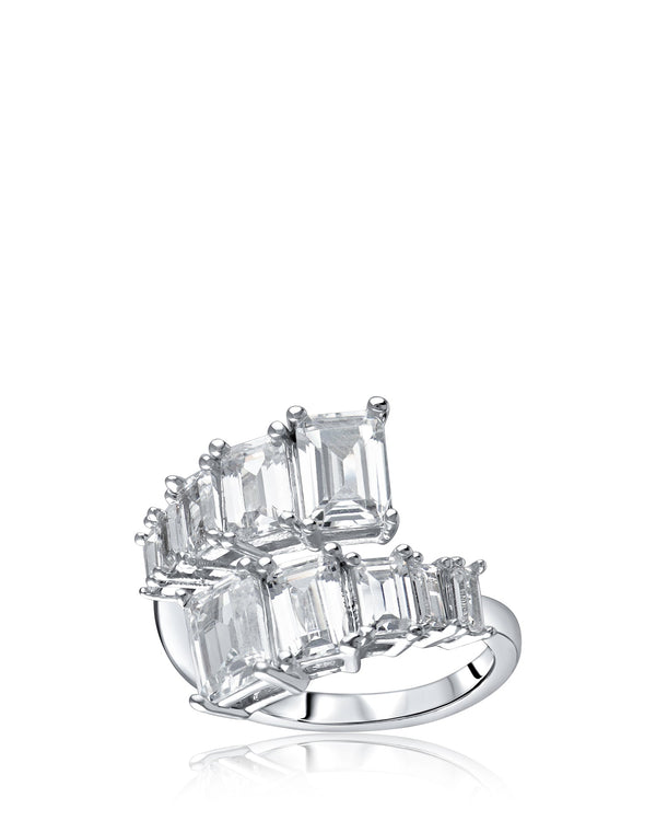 Graduated Emerald-Cut Cubic Zirconia Wrap Ring in Rhodium-Plated Brass, photo 1