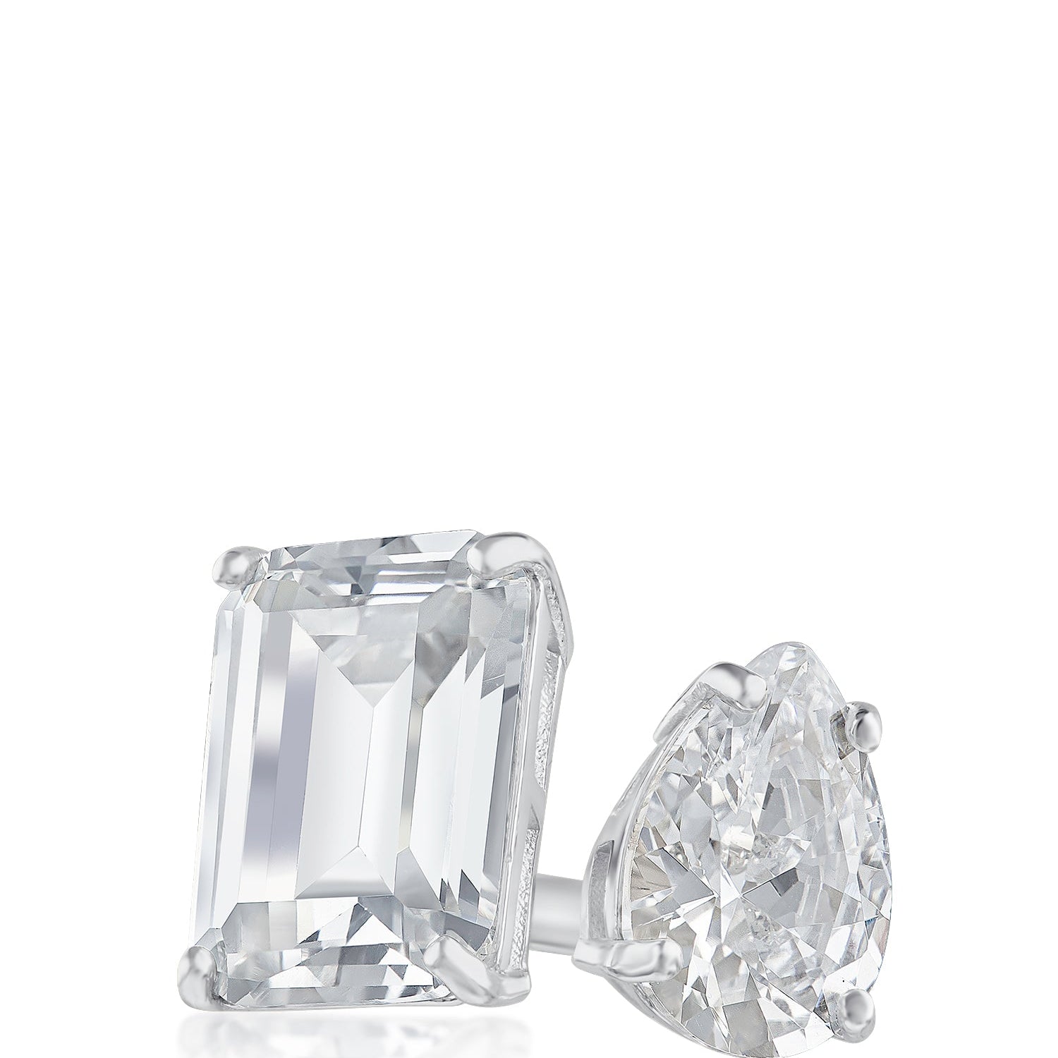 Anillo de cóctel abierto con zirconias cúbicas talla esmeralda y en forma de pera en plata de ley, foto 1