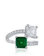 Anillo envolvente abierto con dos zirconias cúbicas verdes talla princesa en latón bañado en rodio, foto 1