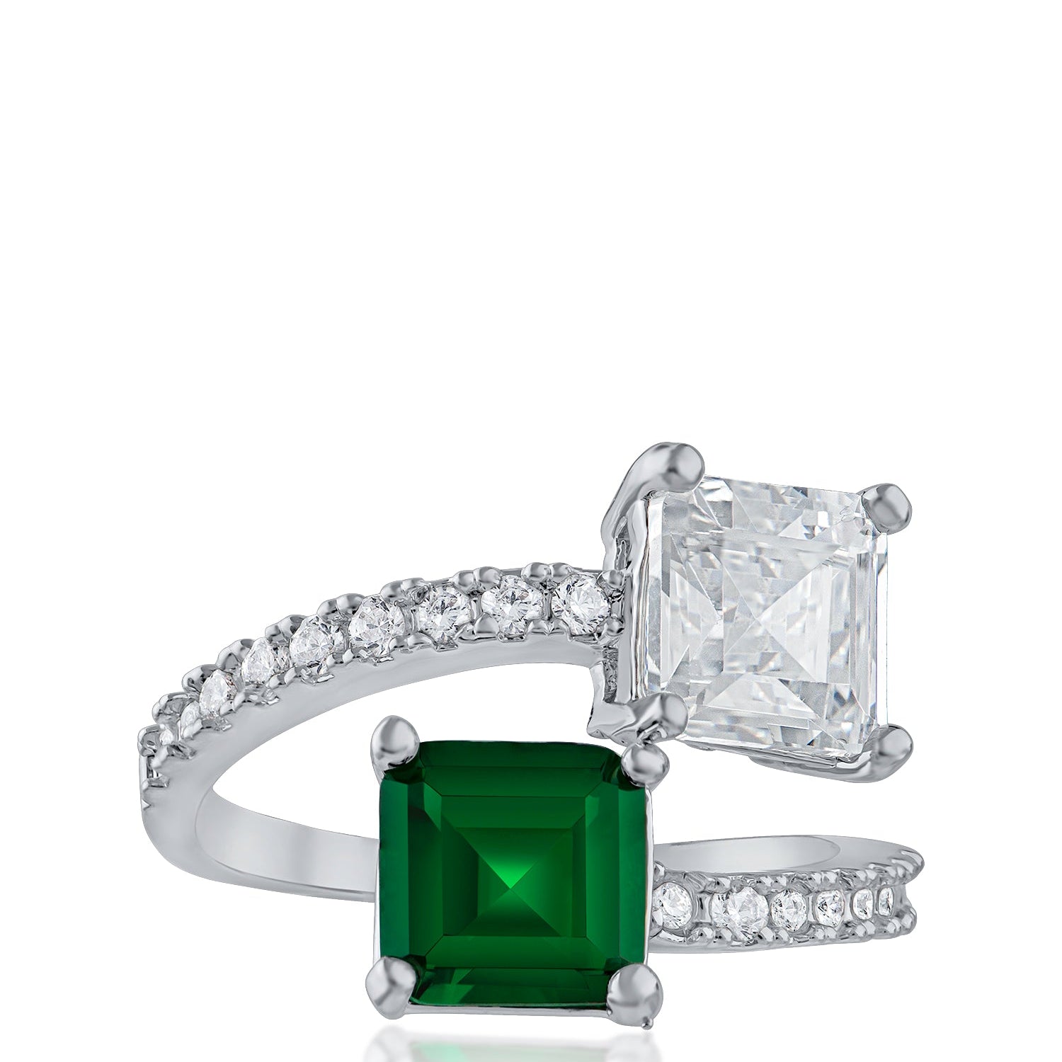 Anillo envolvente abierto con dos zirconias cúbicas verdes talla princesa en latón bañado en rodio, foto 1