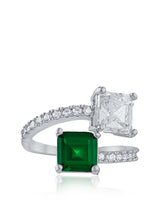 Green Double Princess-Cut Cubic Zirconia Wrap Ring in Rhodium-Plated Brass