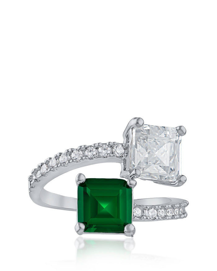 Anillo envolvente abierto con dos zirconias cúbicas verdes talla princesa en latón bañado en rodio, foto 1