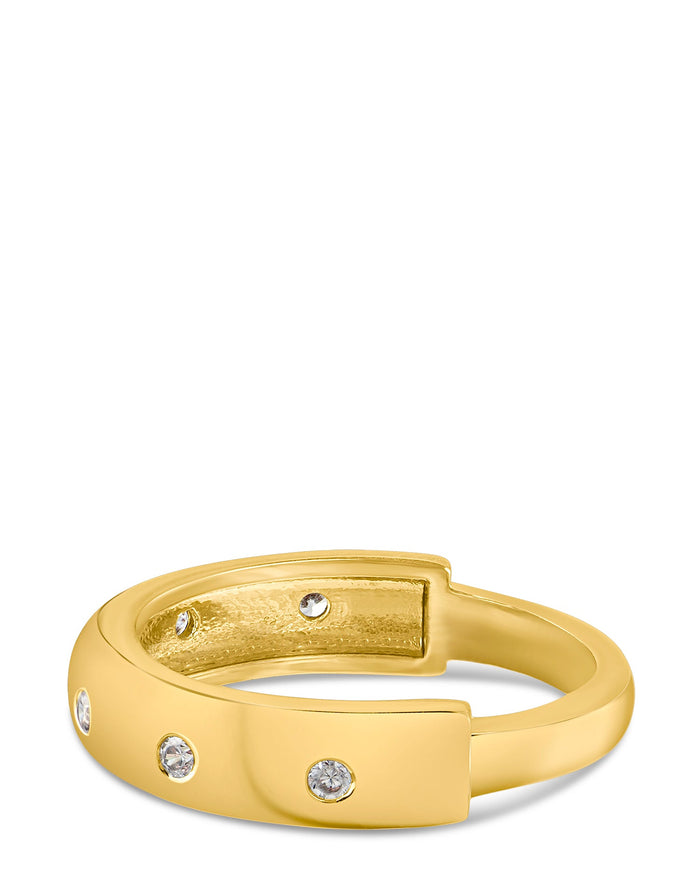 Round Cubic Zirconia Inlay Half Thin Half Thick Ring in 14K Gold-Plated Brass, photo 1