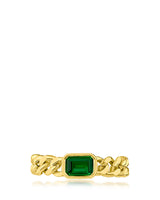 Green Cubic Zirconia Curb Chain Ring in Gold-Plated Brass