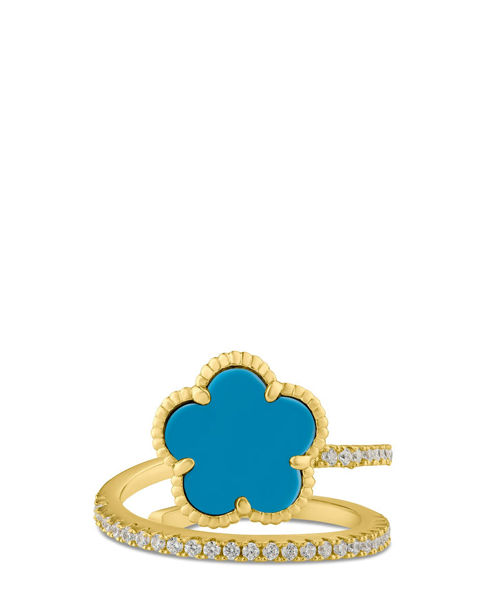 Anillo envolvente con trébol y zirconias cúbicas en engaste pavé en latón bañado en oro, foto 4