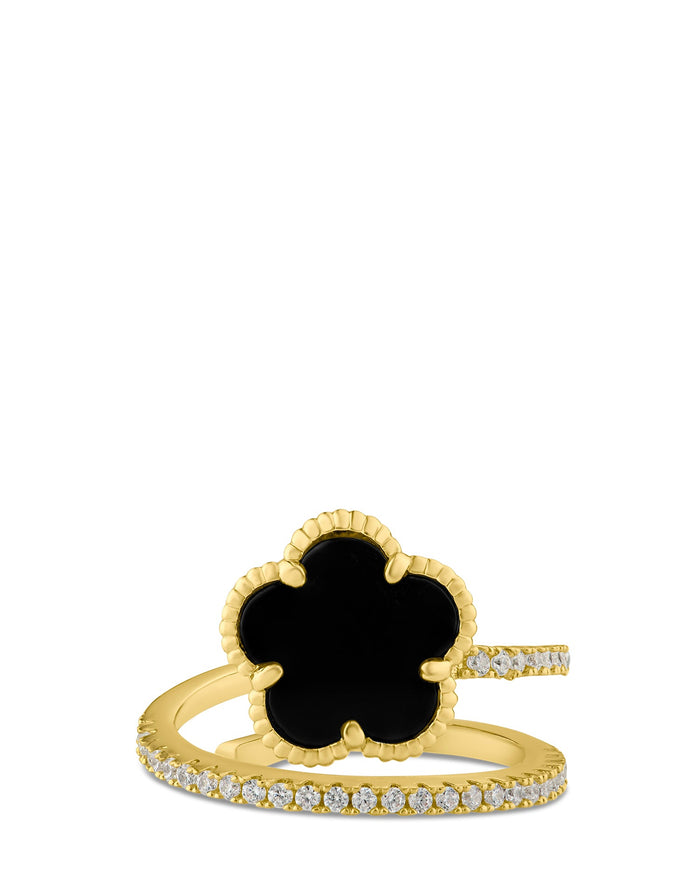 Anillo envolvente con trébol y zirconias cúbicas en engaste pavé en latón bañado en oro, foto 3