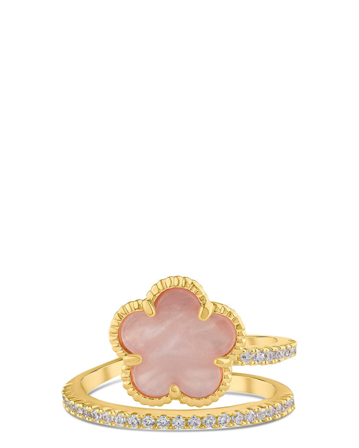 Anillo envolvente con trébol y zirconias cúbicas en engaste pavé en latón bañado en oro, foto 5