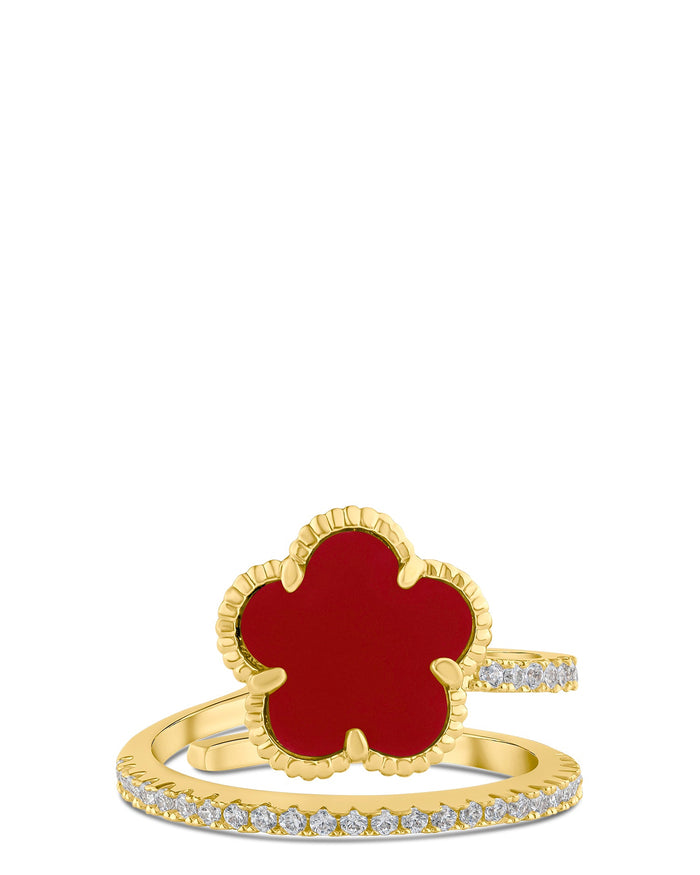 Anillo envolvente con trébol y zirconias cúbicas en engaste pavé en latón bañado en oro, foto 6