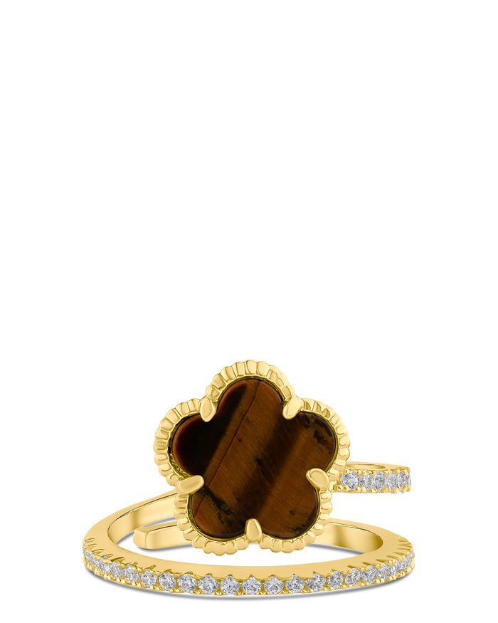 Anillo envolvente con trébol y zirconias cúbicas en engaste pavé en latón bañado en oro, foto 7