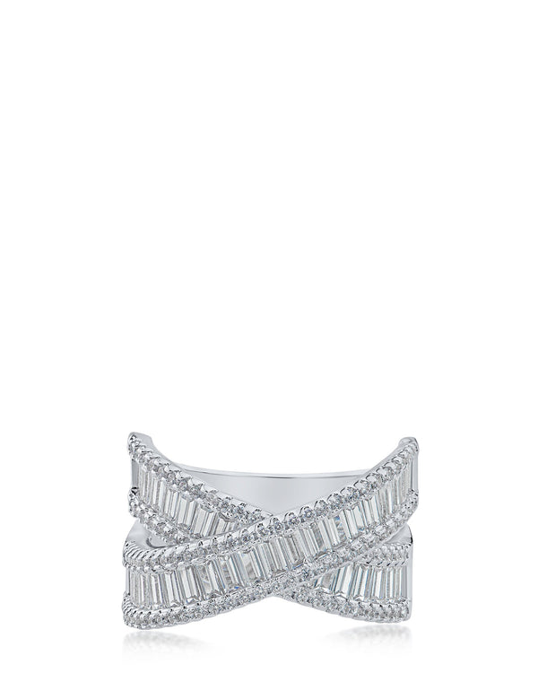 Baguette Cubic Zirconia Interlace Ring in Rhodium-Plated Brass, photo 1