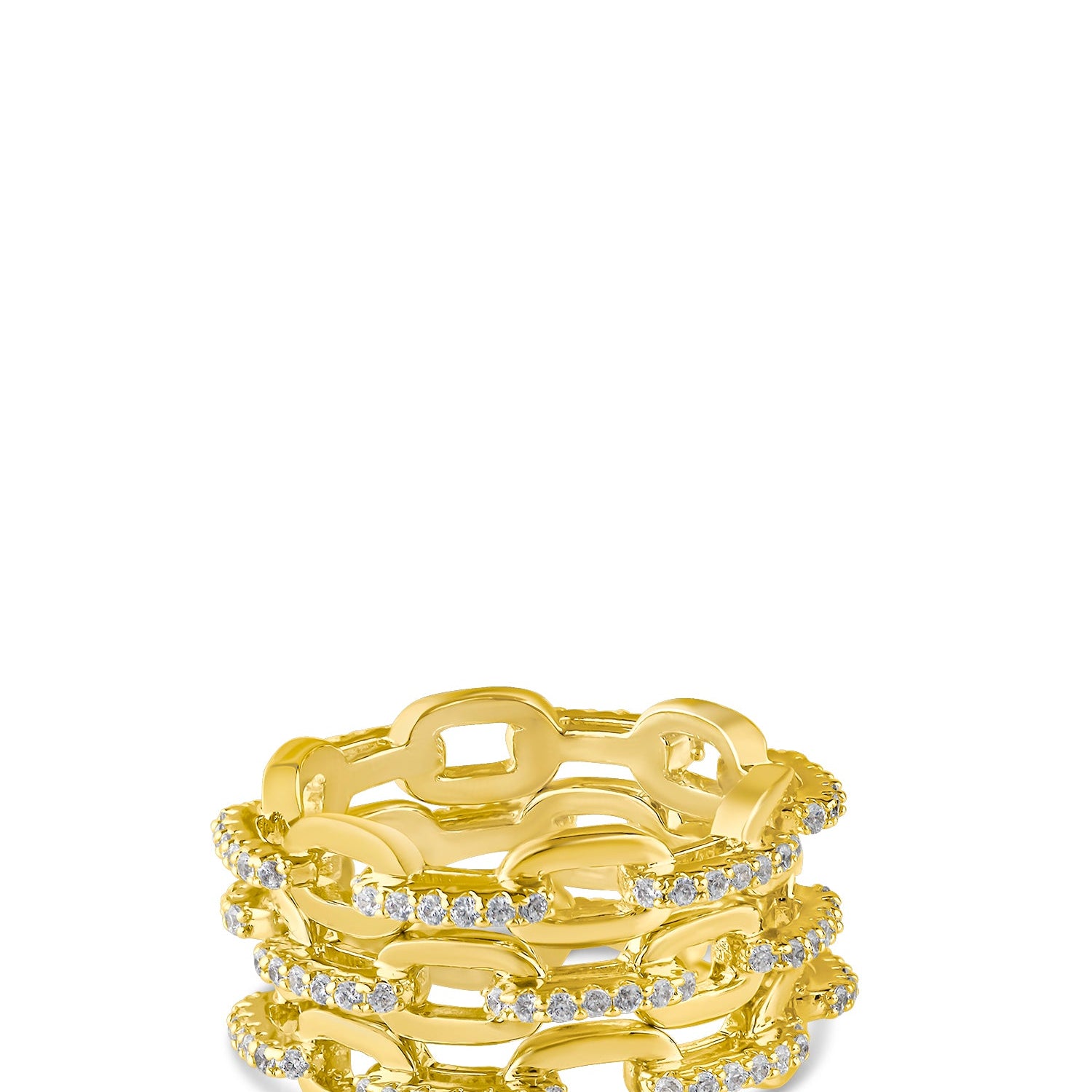 Conjunto de tres anillos apilables de eslabones con zirconias cúbicas en engaste pavé en latón bañado en oro, foto 1