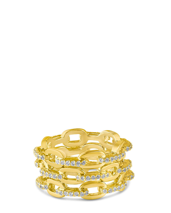 Conjunto de tres anillos apilables de eslabones con zirconias cúbicas en engaste pavé en latón bañado en oro, foto 1