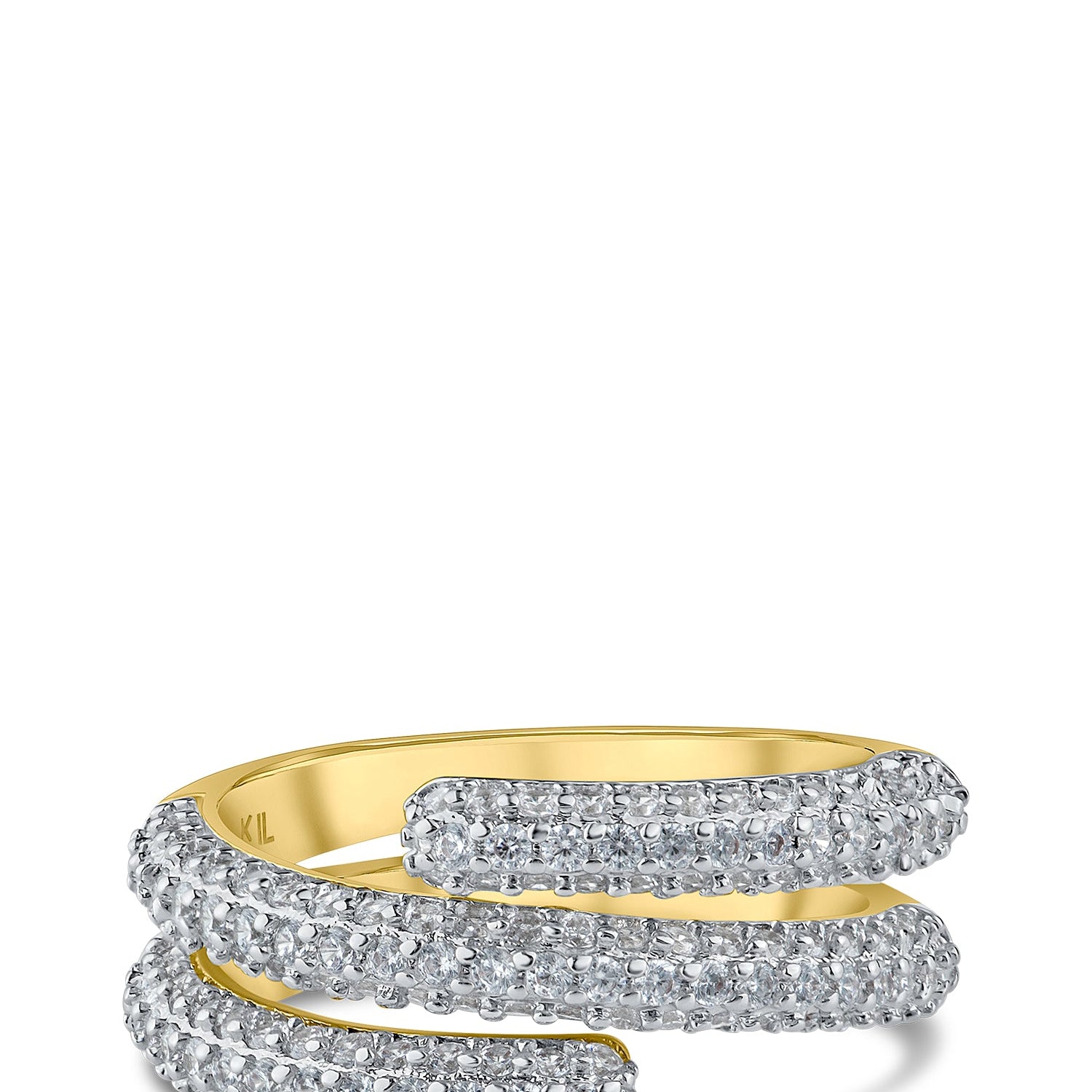 Anillo envolvente en espiral con zirconias cúbicas en engaste pavé en latón bañado en dos tonos, foto 1