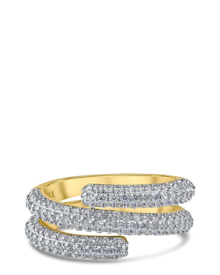 Anillo envolvente en espiral con zirconias cúbicas en engaste pavé en latón bañado en dos tonos, foto 1