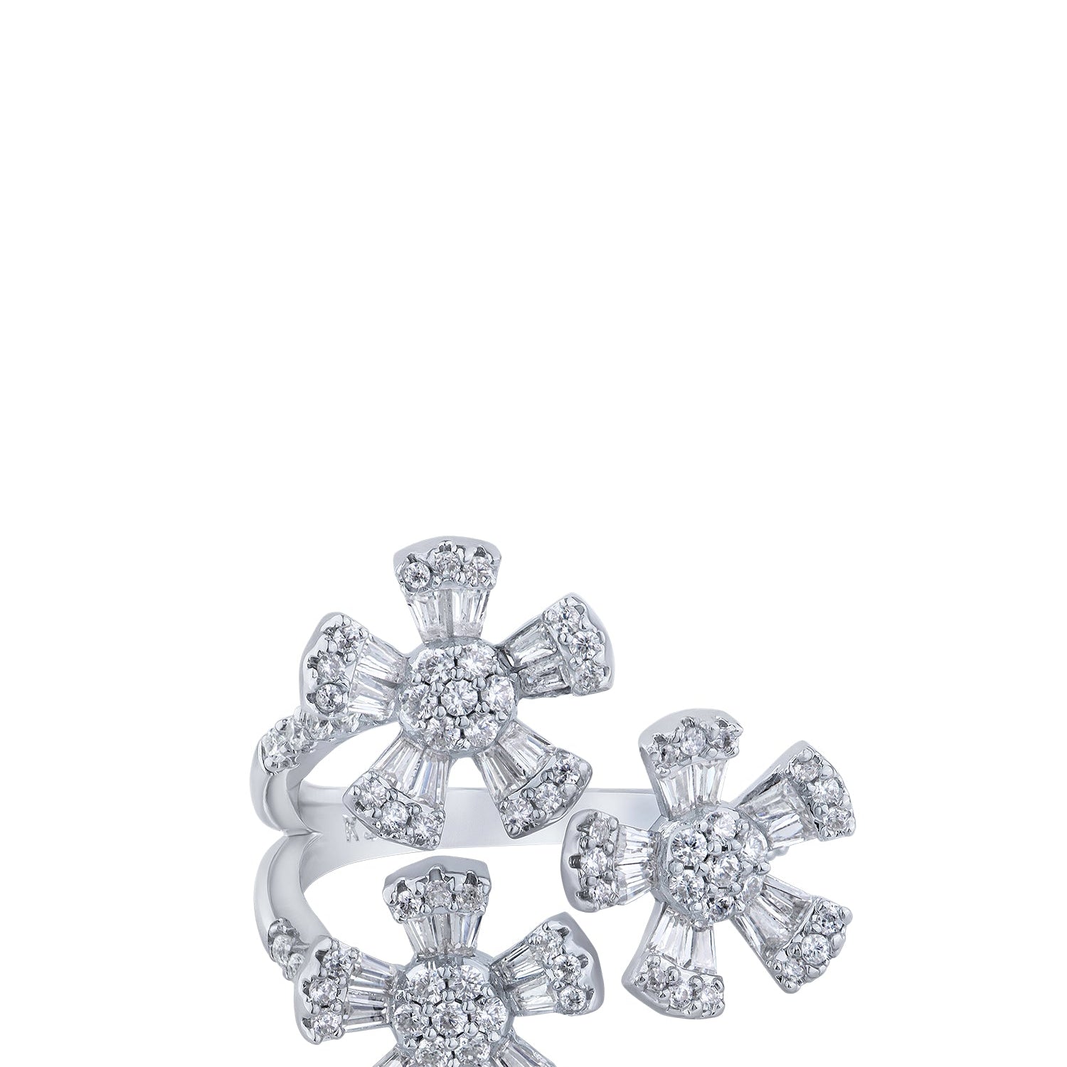 Anillo de tres flores con zirconias cúbicas baguette y redondas en latón bañado en rodio, foto 1