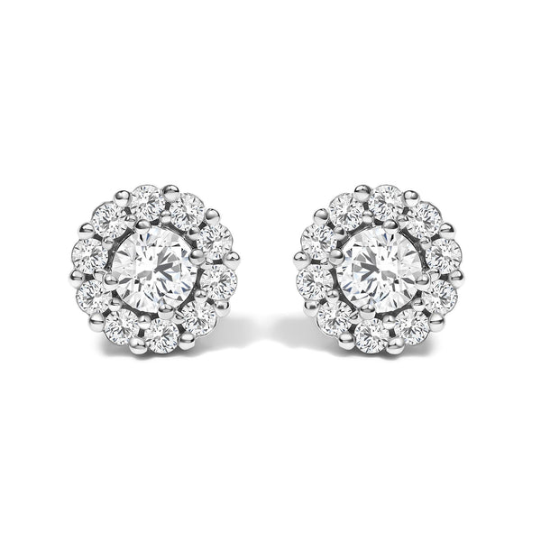 Aretes de botón con halo y diamantes cultivados en laboratorio de 3 ct. p.t. en oro blanco de 10K, foto 1