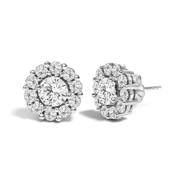 Aretes de botón con halo y diamantes cultivados en laboratorio de 3 ct. p.t. en oro blanco de 10K, foto 2