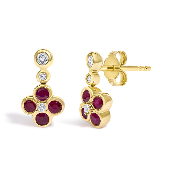 Aretes colgantes florales con diamantes de 1/10 ct. p.t. y rubí en oro amarillo de 14K, foto 2