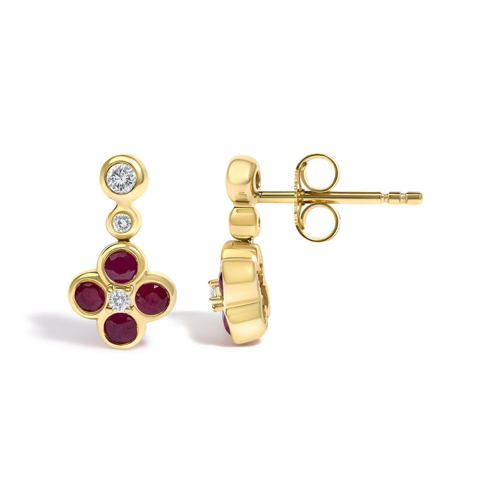 Aretes colgantes florales con diamantes de 1/10 ct. p.t. y rubí en oro amarillo de 14K, foto 4