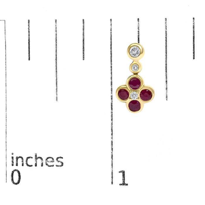 Aretes colgantes florales con diamantes de 1/10 ct. p.t. y rubí en oro amarillo de 14K, foto 5
