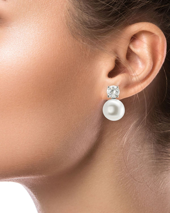 Round Cubic Zirconia and Glass Bead Drop Earrings in Rhodium-Plated Brass, photo 2