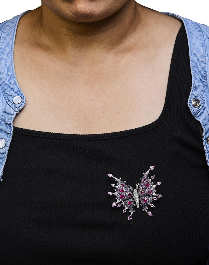 1 Ct. T.W. Diamond, Ruby Sapphire, and Amethyst Mixed Gemstone Butterfly Brooch Pin in 18K White Gold, photo 3