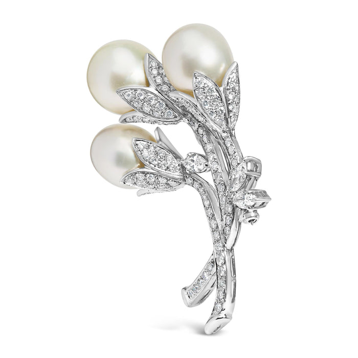 2 1/5 Ct. T.W. Diamond and South Sea Cultured Pearl Floral Brooch Pin in 18K White Gold, photo 2