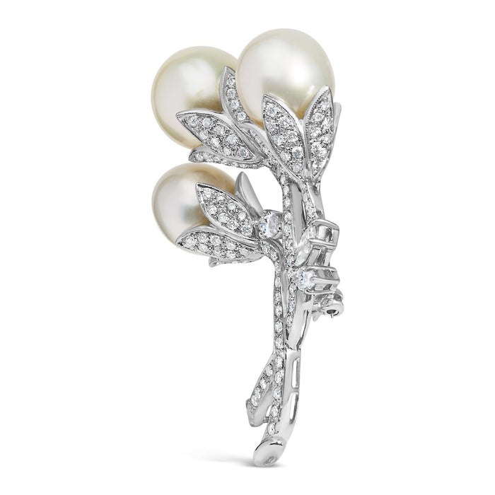 2 1/5 Ct. T.W. Diamond and South Sea Cultured Pearl Floral Brooch Pin in 18K White Gold, photo 4
