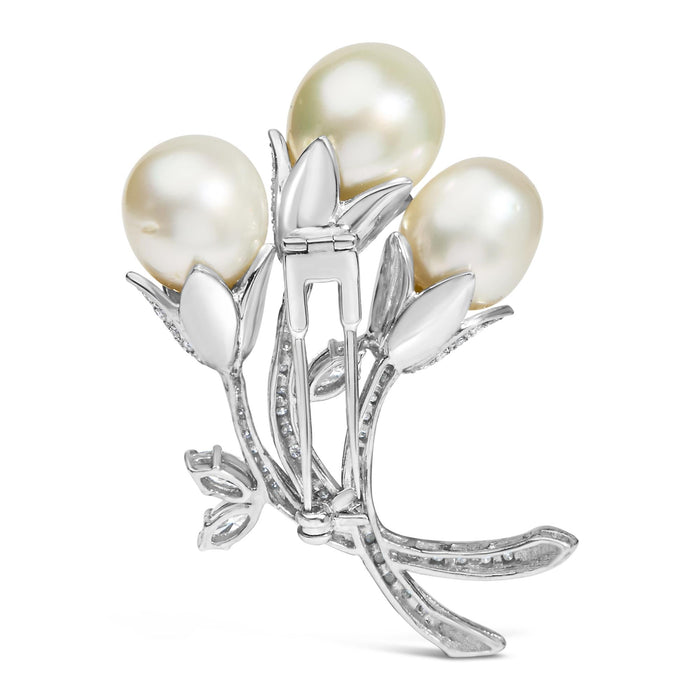 2 1/5 Ct. T.W. Diamond and South Sea Cultured Pearl Floral Brooch Pin in 18K White Gold, photo 5