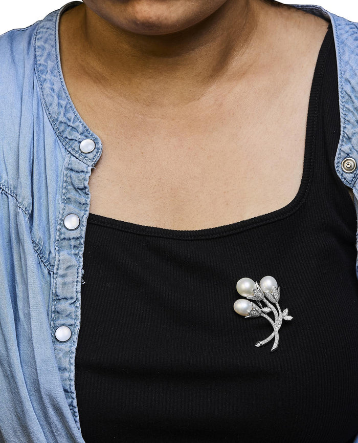 2 1/5 Ct. T.W. Diamond and South Sea Cultured Pearl Floral Brooch Pin in 18K White Gold, photo 3