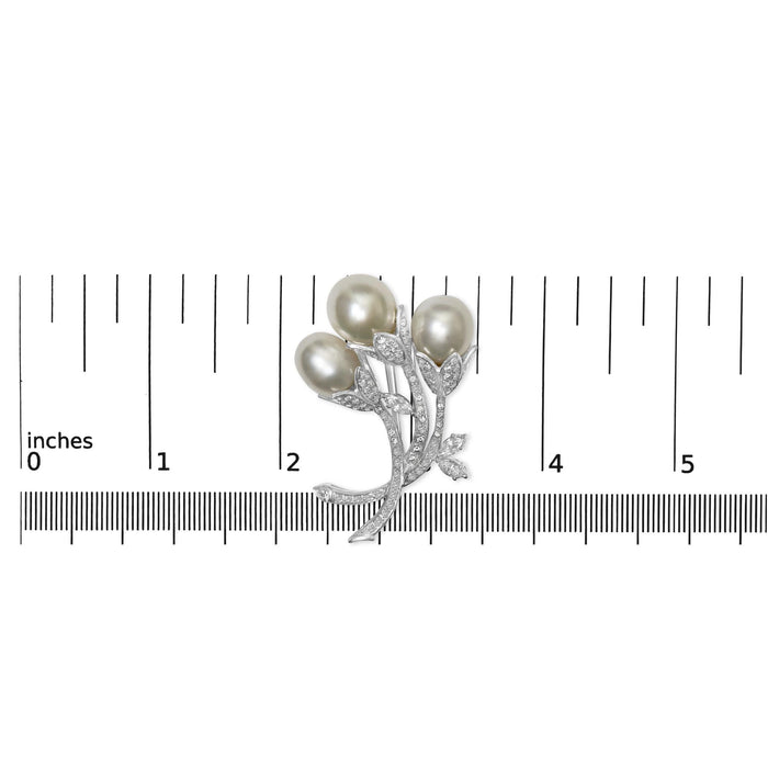 2 1/5 Ct. T.W. Diamond and South Sea Cultured Pearl Floral Brooch Pin in 18K White Gold, photo 6