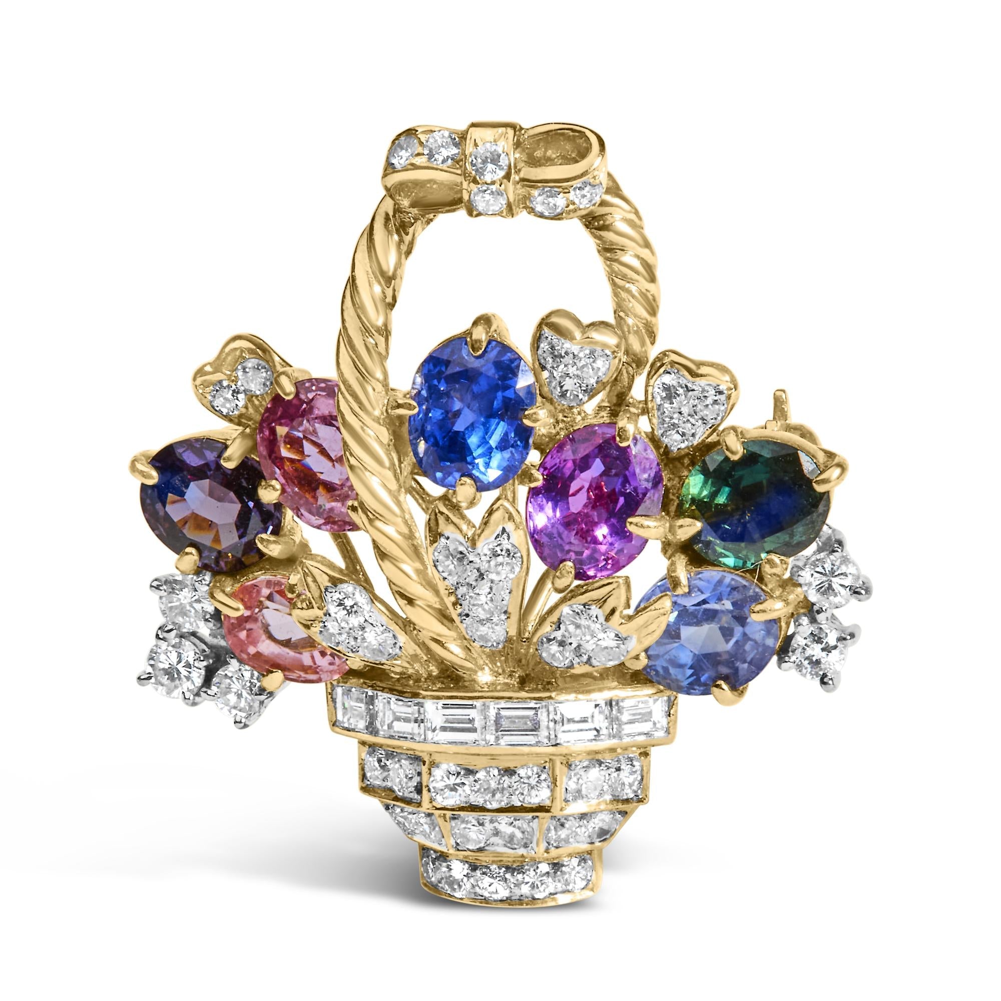Colgante y broche prendedor de ramo floral con diamantes de 1 1/10 ct. p.t. y gemas mixtas en oro amarillo de 18K, foto 1