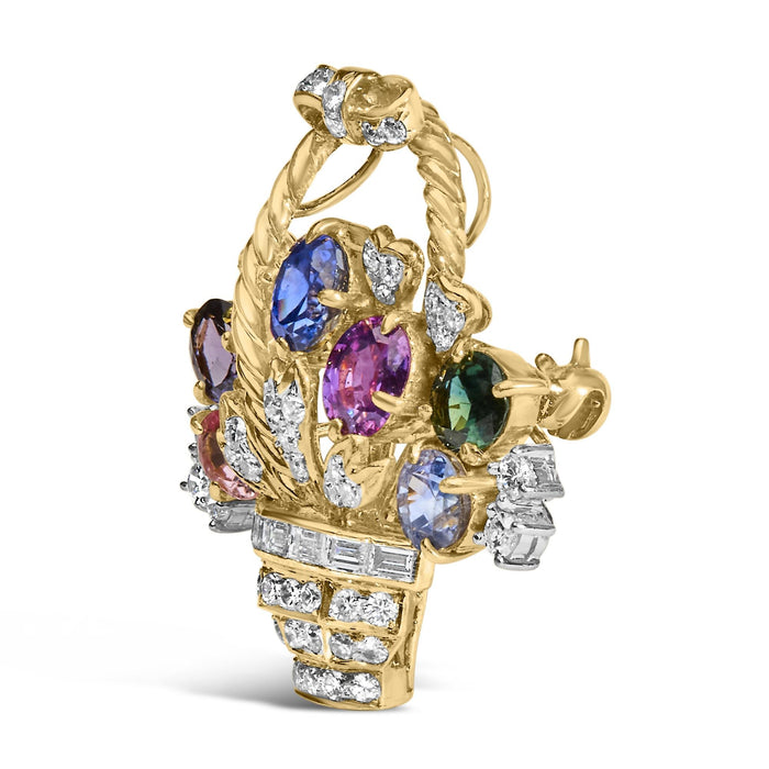 Colgante y broche prendedor de ramo floral con diamantes de 1 1/10 ct. p.t. y gemas mixtas en oro amarillo de 18K, foto 2