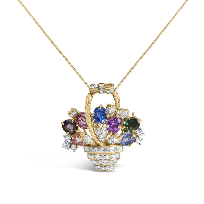 Colgante y broche prendedor de ramo floral con diamantes de 1 1/10 ct. p.t. y gemas mixtas en oro amarillo de 18K, foto 6